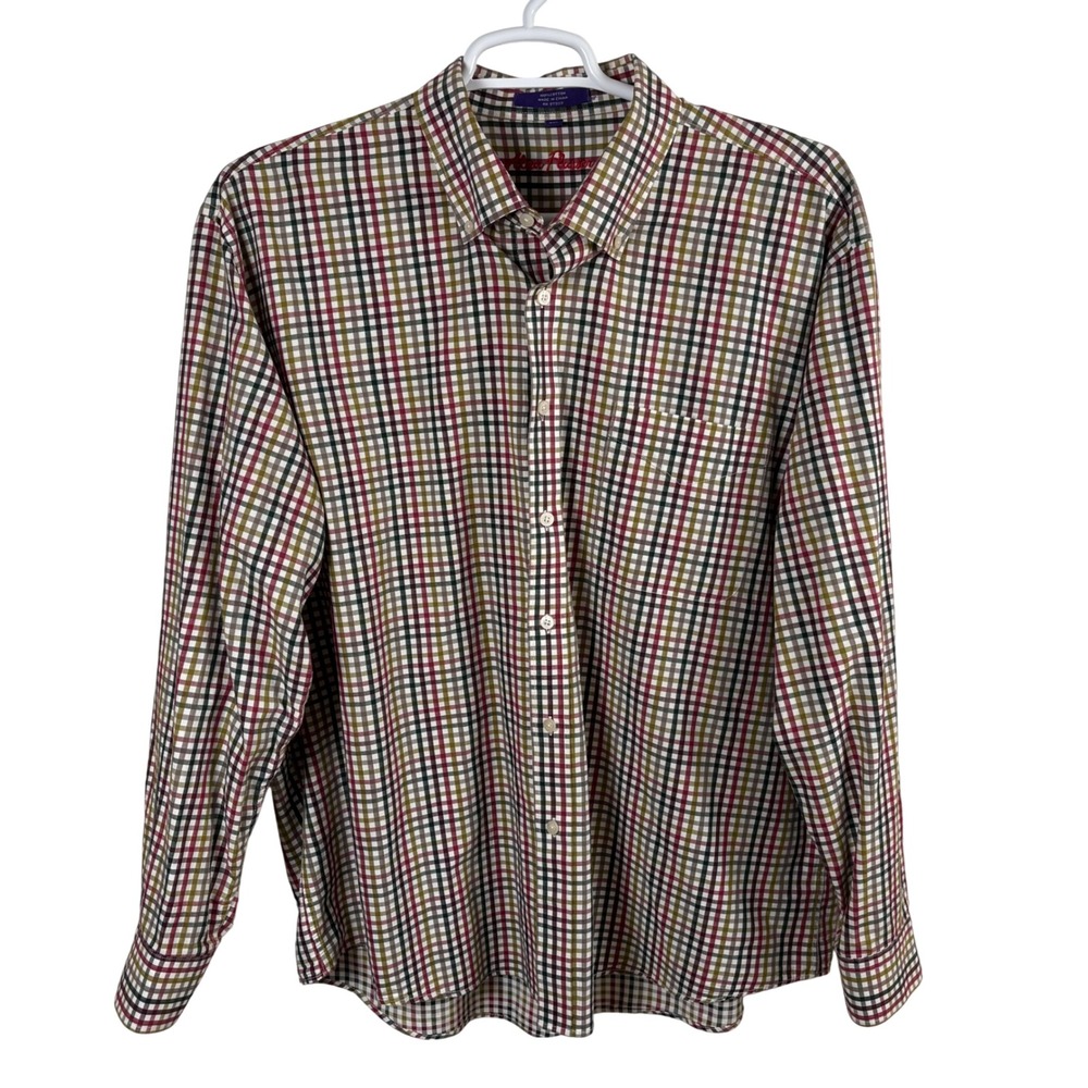 Alan Flusser Button Down Shirt Men's XXL Multi Color Plaid Check Preppy Academia